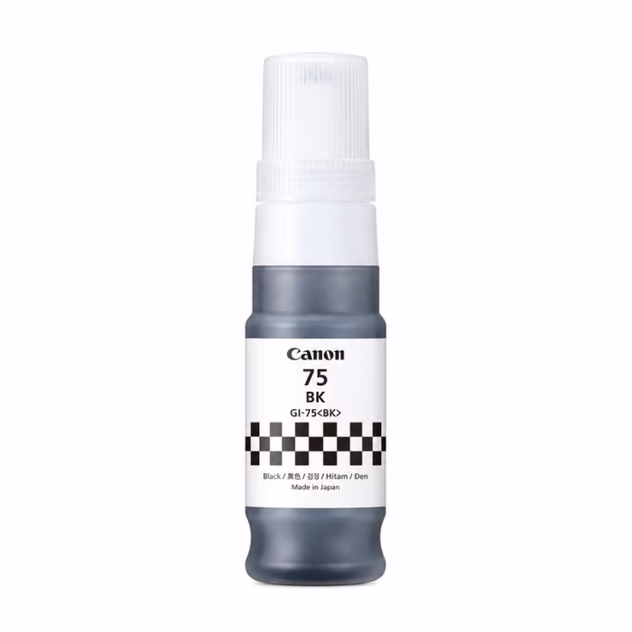 canon-gi-75-black-ink-bottle-2 ขวดน้ำหมึกเติมสีดำ Canon GI-75 BK Ink Bottle Made in Japan มุมมองด้านหน้า แสดงฉลากและลายตารางหมากรุก