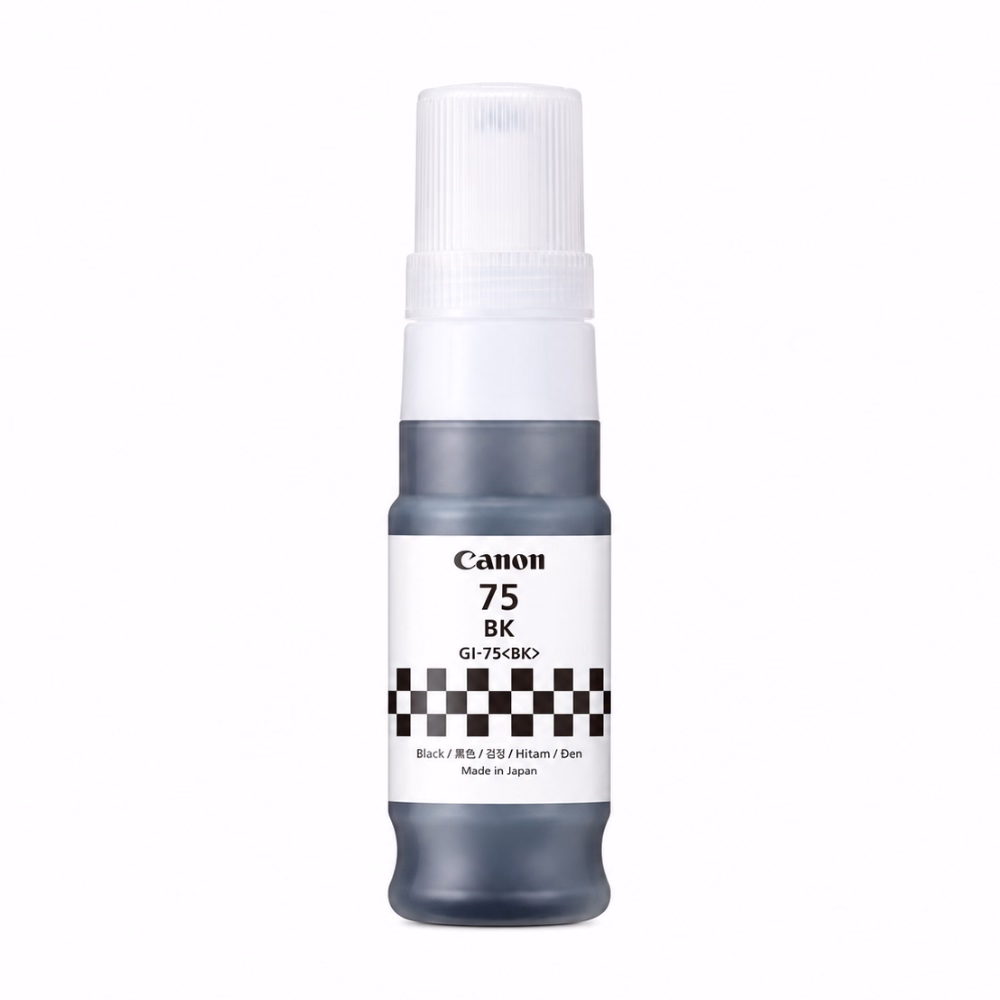 ขวดน้ำหมึกเติมสีดำ Canon GI-75 BK Ink Bottle Made in Japan มุมมองด้านหน้า แสดงฉลากและลายตารางหมากรุก