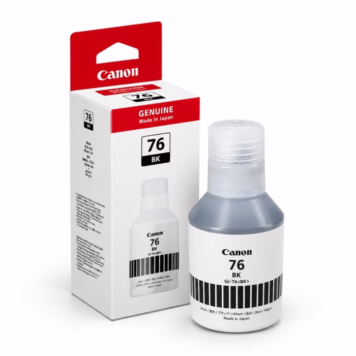 ขวดน้ำหมึกเติมสีดำ Canon GI-76 BK วางคู่กับกล่องบรรจุภัณฑ์ สำหรับเครื่องพิมพ์ Canon MAXIFY GX Series