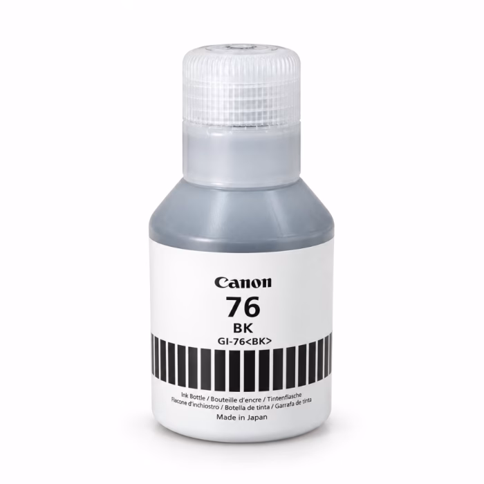 ขวดน้ำหมึกเติมสีดำ Canon GI-76 BK Ink Bottle Made in Japan มุมมองด้านหน้า แสดงฉลากและฝาเกลียวมีร่องกันลื่น