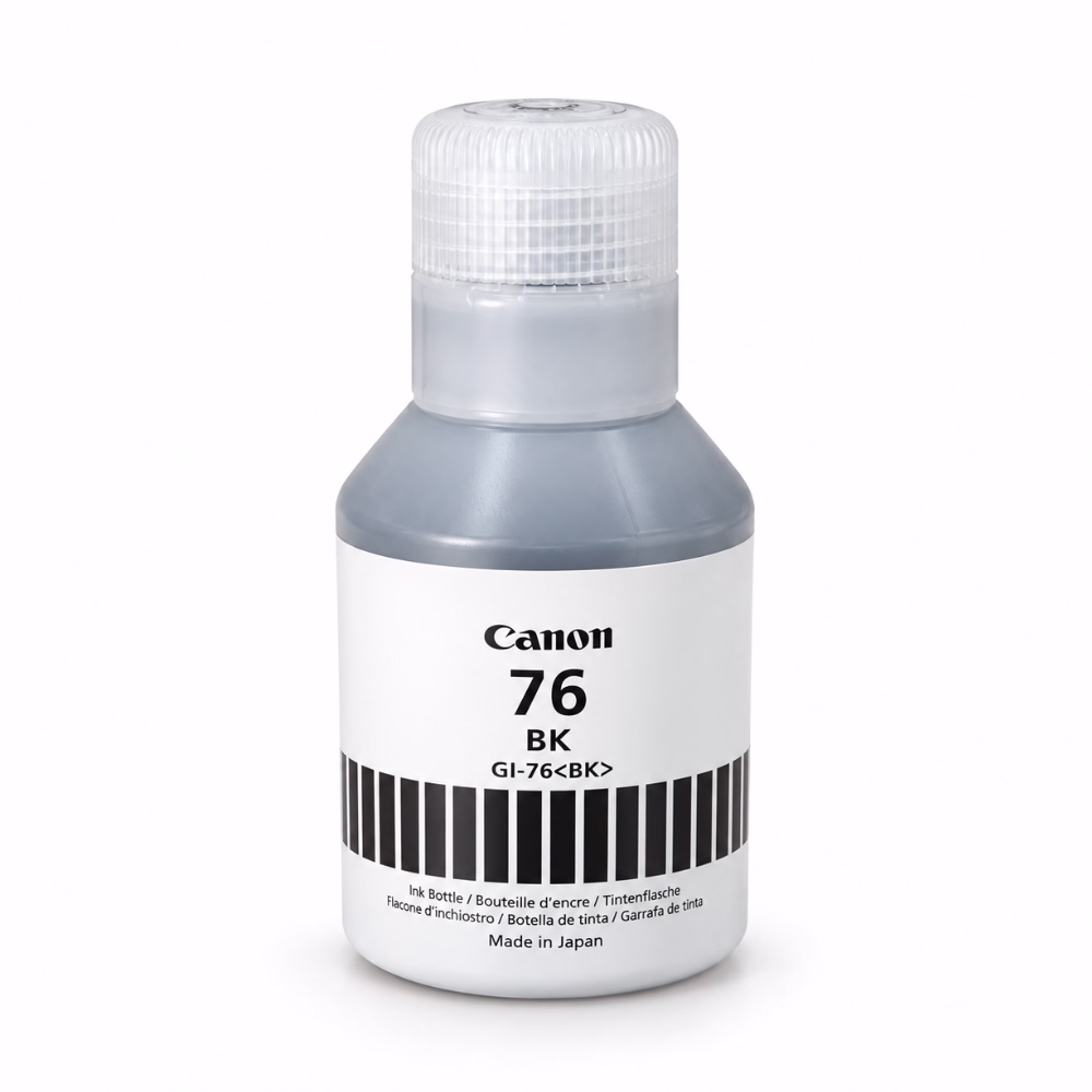 ขวดน้ำหมึกเติมสีดำ Canon GI-76 BK Ink Bottle Made in Japan มุมมองด้านหน้า แสดงฉลากและฝาเกลียวมีร่องกันลื่น