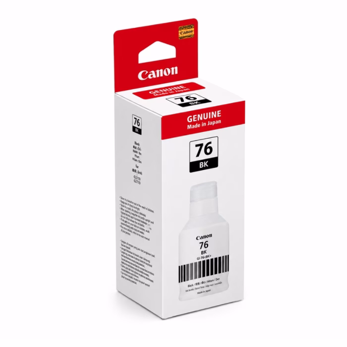 กล่องบรรจุภัณฑ์ขวดหมึกสีดำ Canon GI-76 BK มุมมองสามมิติเฉียง แสดงรหัสรุ่นและคำแนะนำการจัดเก็บ
