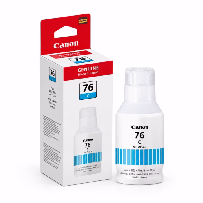 canon-gi-76-cyan-ink-bottle-1 ขวดน้ำหมึกเติมสีฟ้า Canon GI-76 C วางคู่กับกล่องบรรจุภัณฑ์ สำหรับเครื่องพิมพ์ Canon MAXIFY GX Series