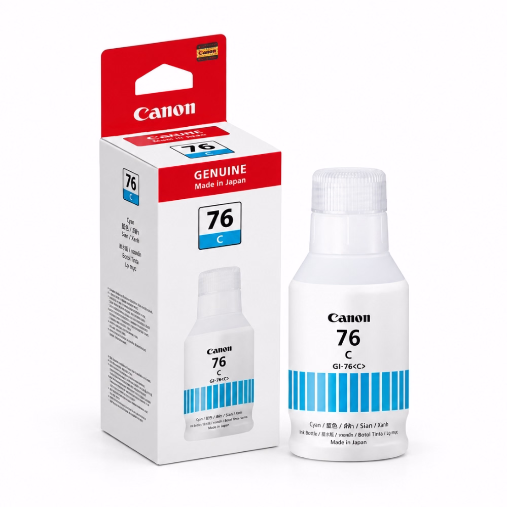 ขวดน้ำหมึกเติมสีฟ้า Canon GI-76 C วางคู่กับกล่องบรรจุภัณฑ์ สำหรับเครื่องพิมพ์ Canon MAXIFY GX Series