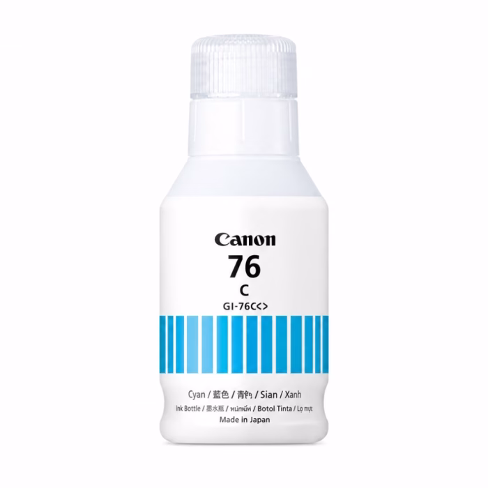 canon-gi-76-cyan-ink-bottle-2 ขวดน้ำหมึกเติมสีฟ้า Canon GI-76 C Ink Bottle Made in Japan มุมมองด้านหน้า แสดงฉลากและฝาเกลียวมีร่องกันลื่น