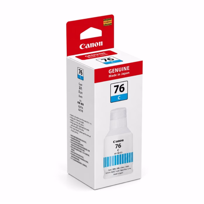 canon-gi-76-cyan-ink-bottle-3 กล่องบรรจุภัณฑ์ขวดหมึกสีฟ้า Canon GI-76 C มุมมองสามมิติเฉียง แสดงรหัสรุ่น Made in Japan และคำแนะนำการจัดเก็บ