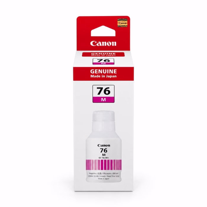 กล่องบรรจุภัณฑ์ขวดหมึกสีแดงมาเจนตา Canon GI-76 M ด้านหน้าตรง แสดงรหัสรุ่น Made in Japan และแถบสี M