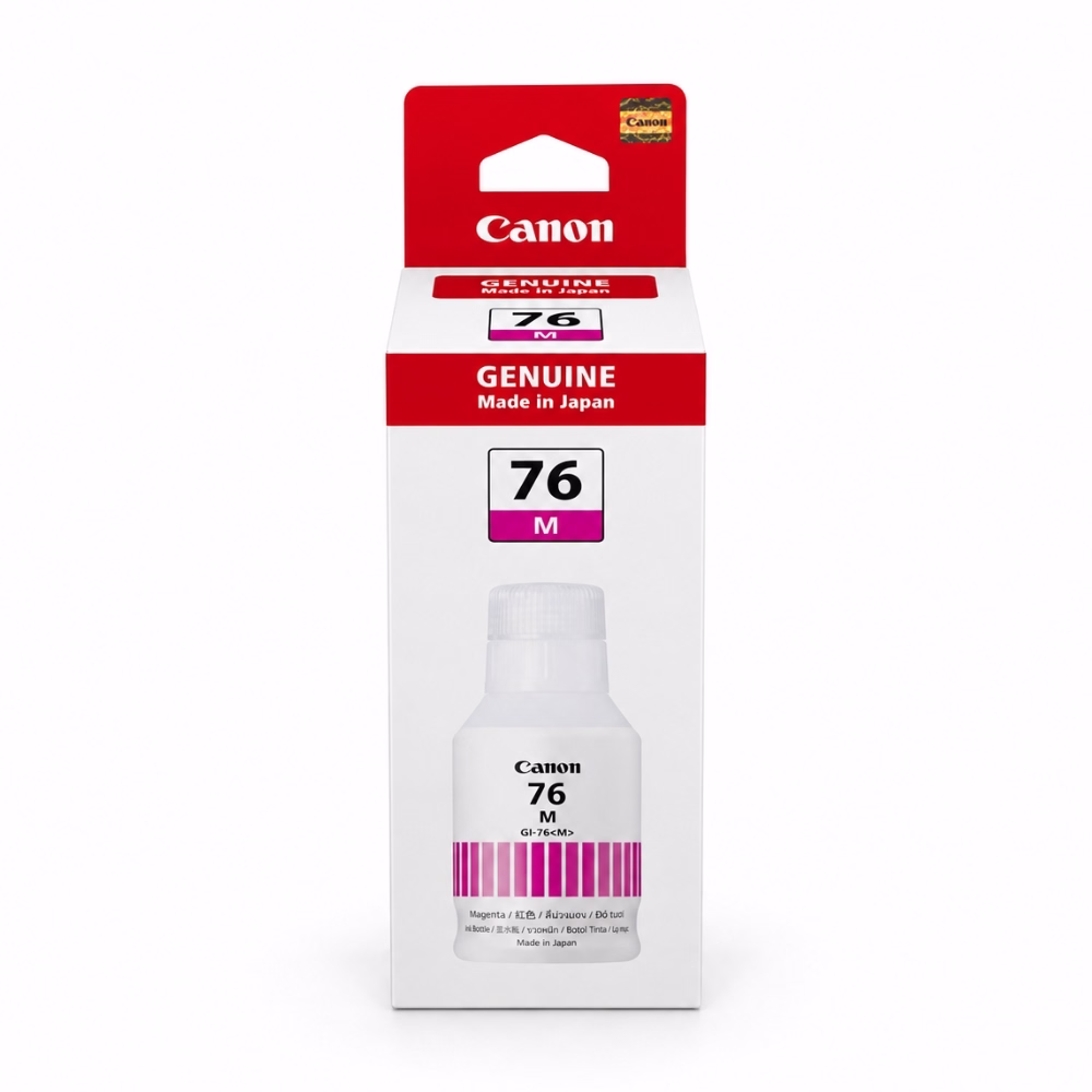 กล่องบรรจุภัณฑ์ขวดหมึกสีแดงมาเจนตา Canon GI-76 M ด้านหน้าตรง แสดงรหัสรุ่น Made in Japan และแถบสี M