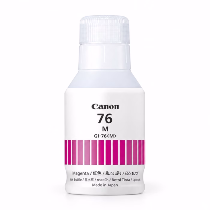 ขวดน้ำหมึกเติมสีแดงมาเจนตา Canon GI-76 M Ink Bottle Made in Japan มุมมองด้านหน้า แสดงฉลากและฝาเกลียวมีร่องกันลื่น