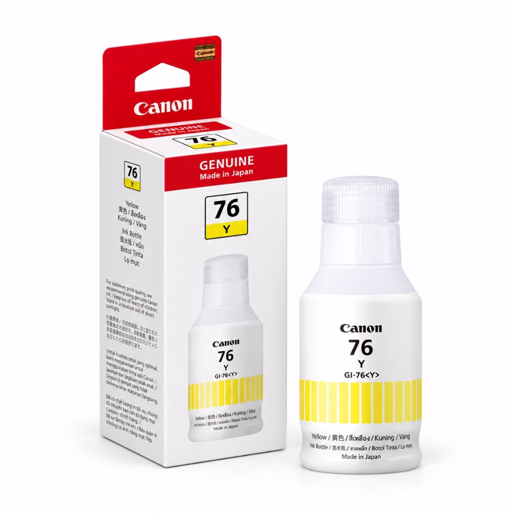 ขวดน้ำหมึกเติมสีเหลือง Canon GI-76 Y วางคู่กับกล่องบรรจุภัณฑ์ สำหรับเครื่องพิมพ์ Canon MAXIFY GX Series