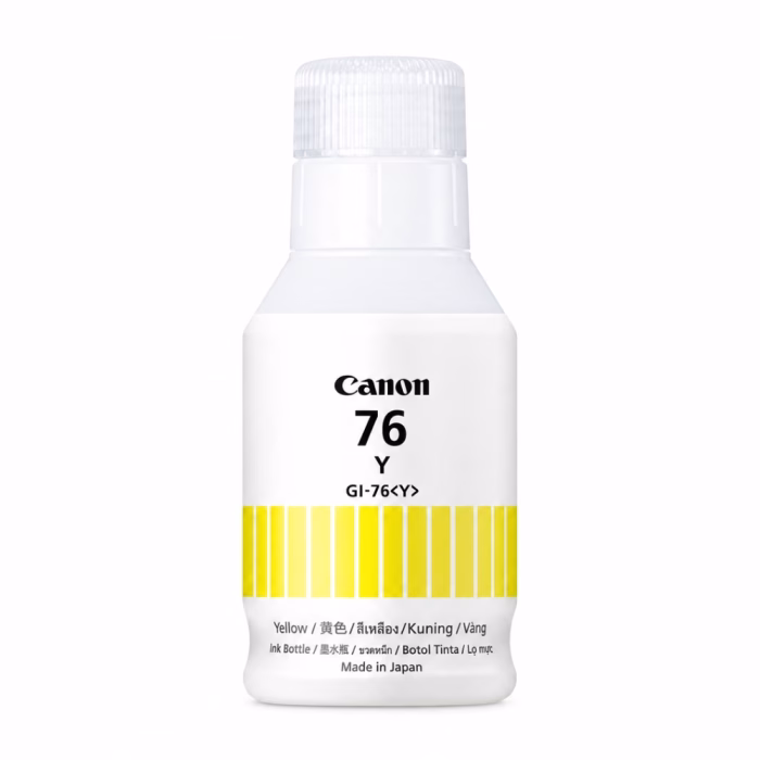 ขวดน้ำหมึกเติมสีเหลือง Canon GI-76 Y Ink Bottle Made in Japan มุมมองด้านหน้า แสดงฉลากและฝาเกลียวมีร่องกันลื่น