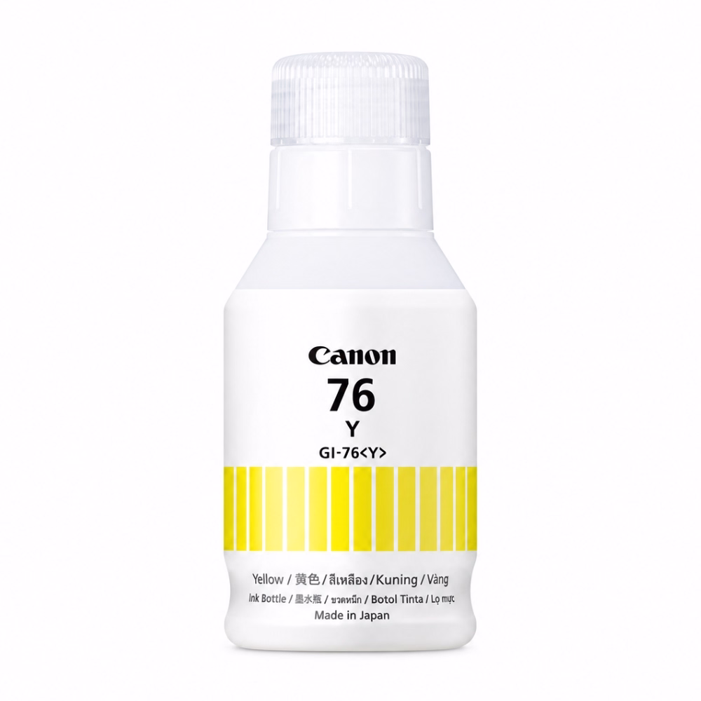 ขวดน้ำหมึกเติมสีเหลือง Canon GI-76 Y Ink Bottle Made in Japan มุมมองด้านหน้า แสดงฉลากและฝาเกลียวมีร่องกันลื่น