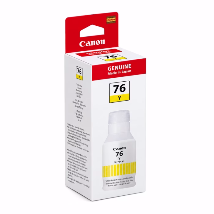 กล่องบรรจุภัณฑ์ขวดหมึกสีเหลือง Canon GI-76 Y มุมมองสามมิติเฉียง แสดงรหัสรุ่น Made in Japan และแถบสี Y