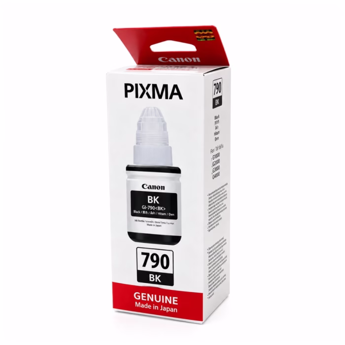 กล่องบรรจุภัณฑ์ขวดหมึกสีดำ Canon GI-790 BK มุมมองสามมิติเฉียง แสดงรุ่นที่รองรับ G1000 G2000 G3000 G4000 สำหรับ Canon PIXMA