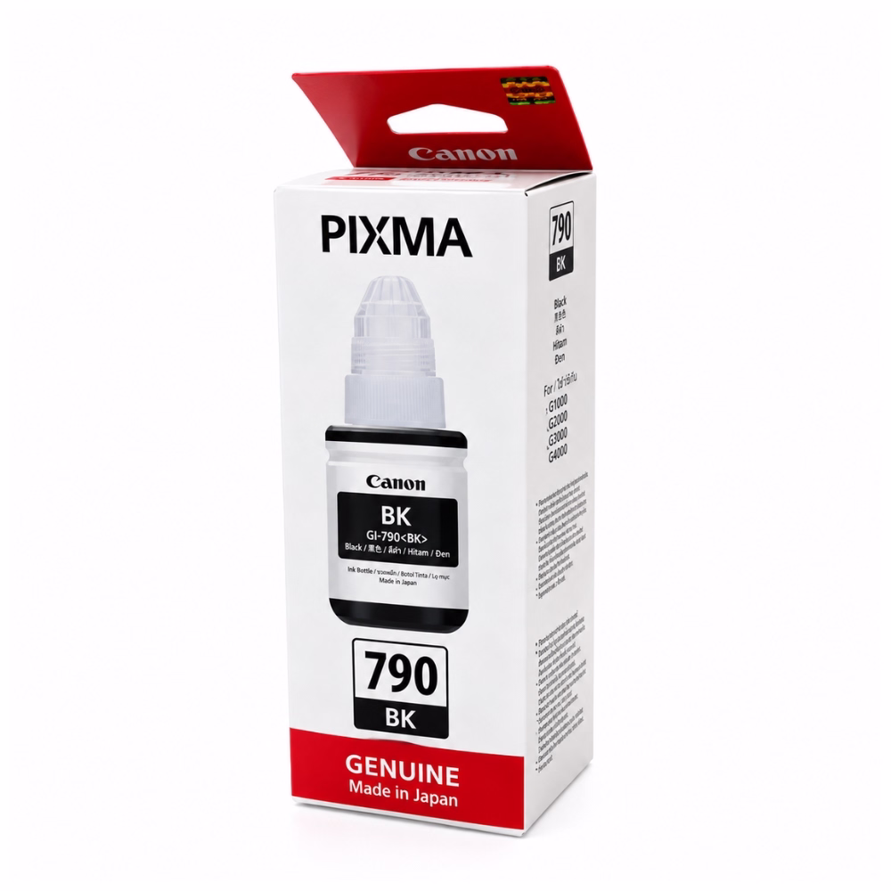 กล่องบรรจุภัณฑ์ขวดหมึกสีดำ Canon GI-790 BK มุมมองสามมิติเฉียง แสดงรุ่นที่รองรับ G1000 G2000 G3000 G4000 สำหรับ Canon PIXMA
