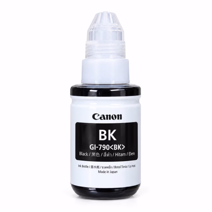 ขวดน้ำหมึกเติมสีดำ Canon GI-790 BK Ink Bottle Made in Japan ความจุ 135 มล. มุมมองด้านหน้าตรง แสดงฉลากและฝาจุกกรวย