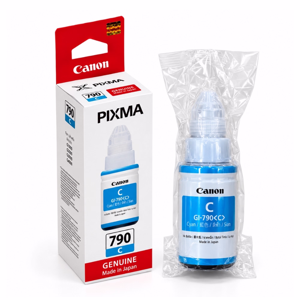 ขวดน้ำหมึกเติมสีฟ้า Canon GI-790 C ในซองซีลสุญญากาศ วางคู่กับกล่องบรรจุภัณฑ์ สำหรับเครื่องพิมพ์ Canon PIXMA G1000 G2000 G3000 G4000 G2010 G3010