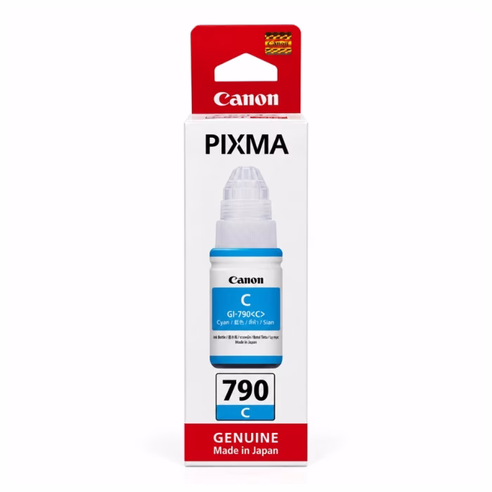 กล่องบรรจุภัณฑ์ขวดหมึกสีฟ้า Canon GI-790 C ด้านหน้าตรง แสดงรหัสรุ่น 790 C สำหรับ Canon PIXMA MegaTank