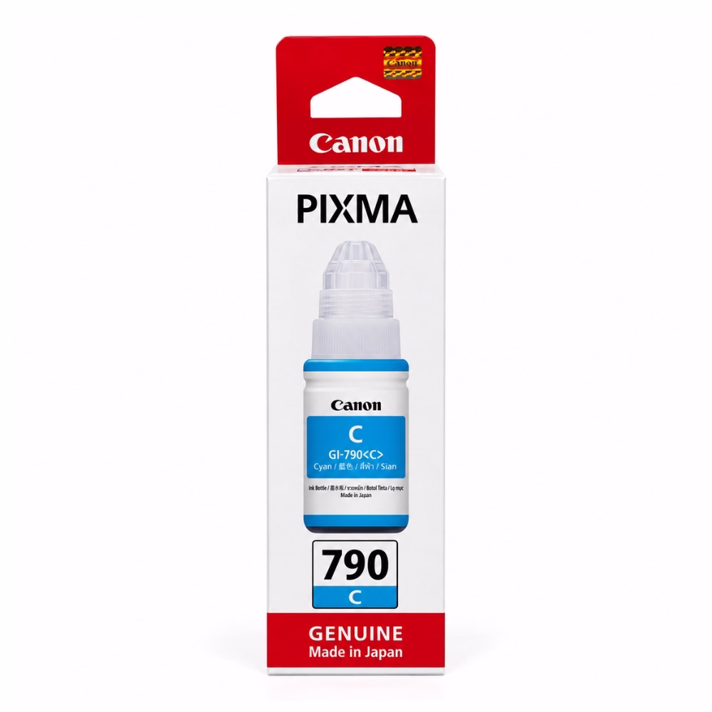 กล่องบรรจุภัณฑ์ขวดหมึกสีฟ้า Canon GI-790 C ด้านหน้าตรง แสดงรหัสรุ่น 790 C สำหรับ Canon PIXMA MegaTank
