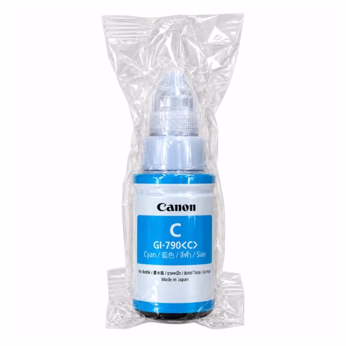 ขวดน้ำหมึกเติมสีฟ้า Canon GI-790 C บรรจุในซองพลาสติกใสซีลสุญญากาศ ป้องกันการรั่วซึมและความชื้น