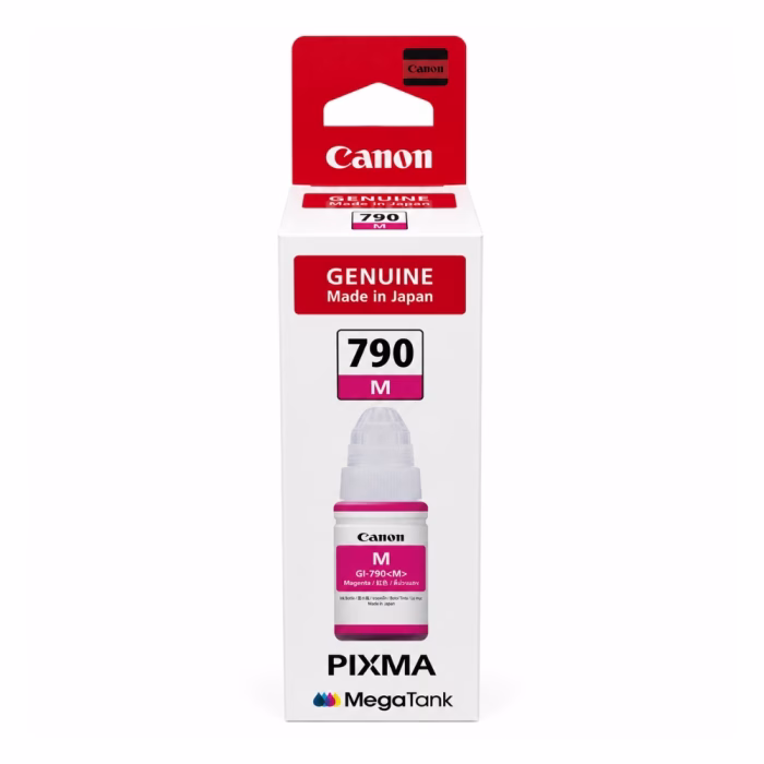 กล่องบรรจุภัณฑ์ขวดหมึกสีแดงมาเจนตา Canon GI-790 M ด้านหน้าตรง แสดงรหัสรุ่น 790 M สำหรับ Canon PIXMA MegaTank