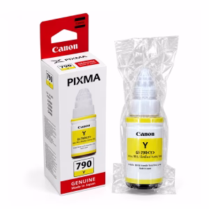 ขวดน้ำหมึกเติมสีเหลือง Canon GI-790 Y ในซองซีลสุญญากาศ วางคู่กับกล่องบรรจุภัณฑ์ สำหรับเครื่องพิมพ์ Canon PIXMA G1000 G2000 G3000 G4000 G2010 G3010
