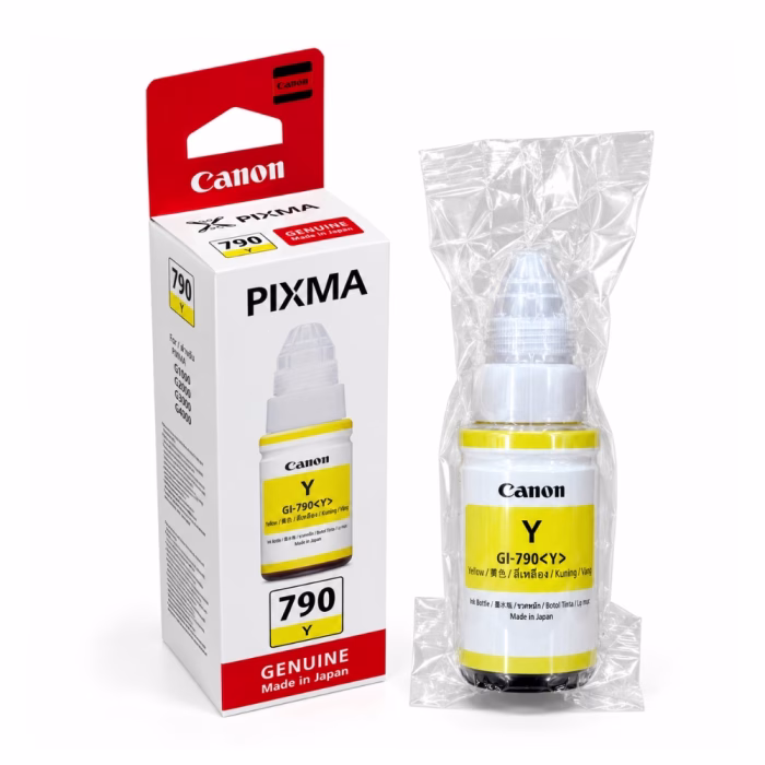 ขวดน้ำหมึกเติมสีเหลือง Canon GI-790 Y ในซองซีลสุญญากาศ วางคู่กับกล่องบรรจุภัณฑ์ สำหรับเครื่องพิมพ์ Canon PIXMA G1000 G2000 G3000 G4000 G2010 G3010