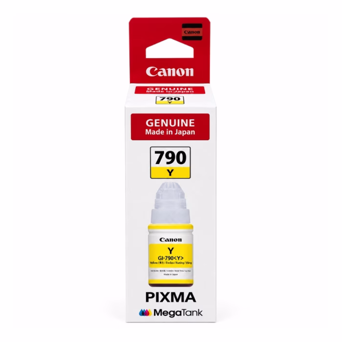 กล่องบรรจุภัณฑ์ขวดหมึกสีเหลือง Canon GI-790 Y ด้านหน้าตรง แสดงรหัสรุ่น 790 Y สำหรับ Canon PIXMA MegaTank