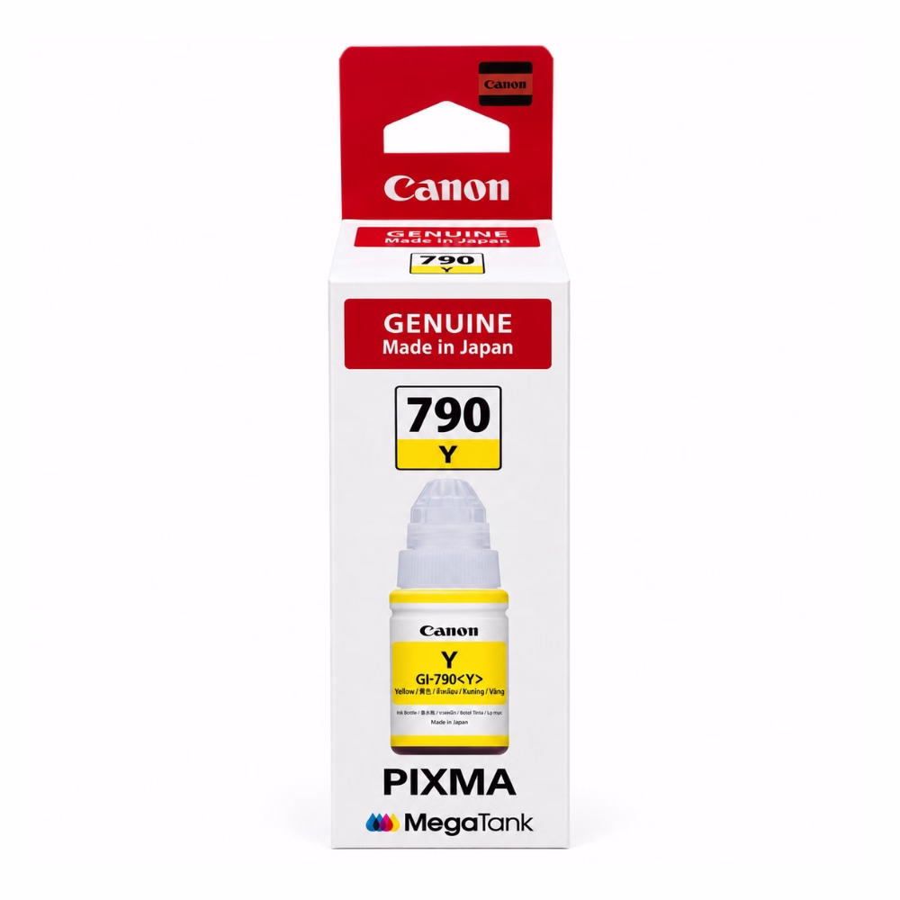 กล่องบรรจุภัณฑ์ขวดหมึกสีเหลือง Canon GI-790 Y ด้านหน้าตรง แสดงรหัสรุ่น 790 Y สำหรับ Canon PIXMA MegaTank
