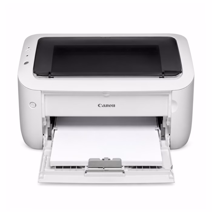 เครื่องพิมพ์เลเซอร์ขาวดำ Canon imageCLASS LBP6030 สีขาว ด้านหน้าตรง ถาดป้อนกระดาษด้านหน้าเปิดพร้อมใส่กระดาษ A4