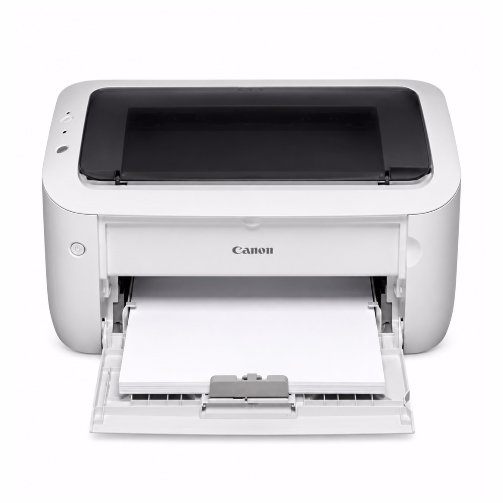 เครื่องพิมพ์เลเซอร์ขาวดำ Canon imageCLASS LBP6030 สีขาว ด้านหน้าตรง ถาดป้อนกระดาษด้านหน้าเปิดพร้อมใส่กระดาษ A4