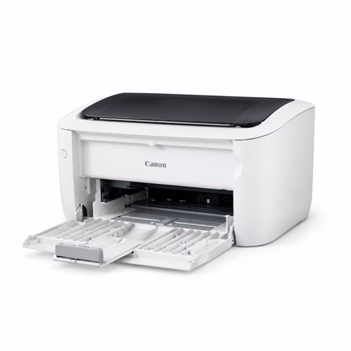 เครื่องพิมพ์เลเซอร์ Canon imageCLASS LBP6030 มุมมองสามมิติเฉียง แสดงถาดใส่กระดาษด้านหน้าพับเปิด และโครงสร้างตัวเครื่องสีขาว