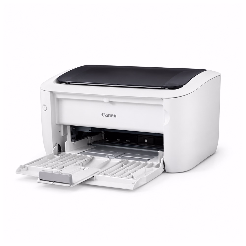 เครื่องพิมพ์เลเซอร์ Canon imageCLASS LBP6030 มุมมองสามมิติเฉียง แสดงถาดใส่กระดาษด้านหน้าพับเปิด และโครงสร้างตัวเครื่องสีขาว
