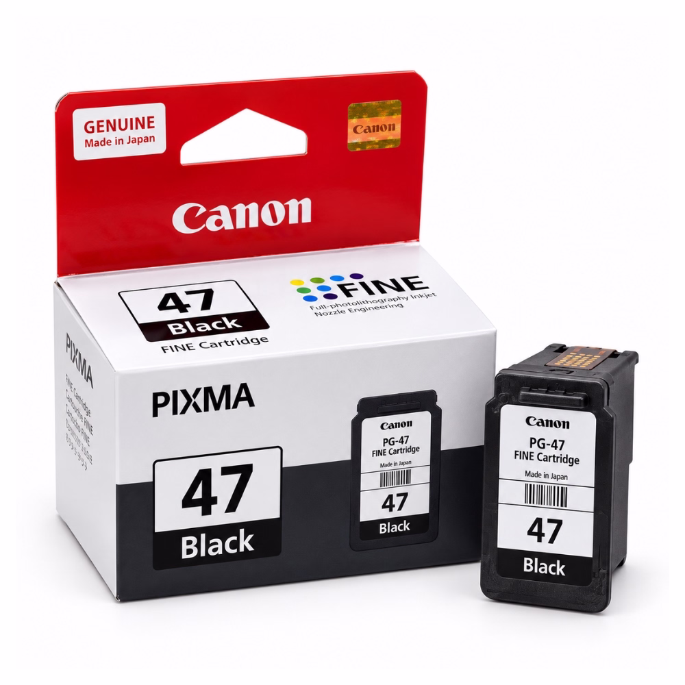 ตลับหมึกอิงค์เจ็ทสีดำ Canon PG-47 วางคู่กับกล่องบรรจุภัณฑ์ สำหรับเครื่องพิมพ์ Canon PIXMA E400 E410 E470 E480