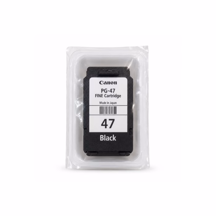 ตลับหมึกสีดำ Canon PG-47 ในซองและถาดพลาสติกซีลสุญญากาศ ป้องกันฝุ่นและความชื้นก่อนใช้งาน