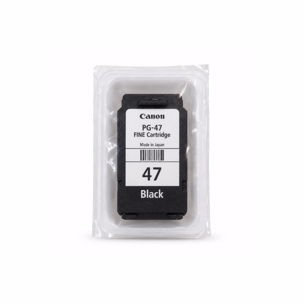 ตลับหมึกสีดำ Canon PG-47 ในซองและถาดพลาสติกซีลสุญญากาศ ป้องกันฝุ่นและความชื้นก่อนใช้งาน