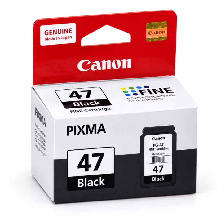 กล่องบรรจุภัณฑ์ตลับหมึกสีดำ Canon PG-47 Black ด้านหน้าตรง แสดงสัญลักษณ์ FINE Cartridge และ Made in Japan