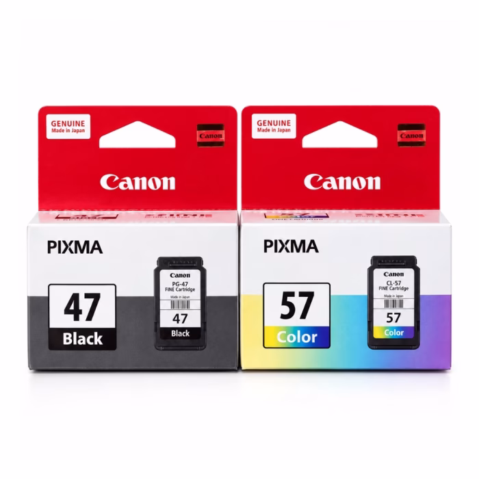 กล่องบรรจุภัณฑ์ตลับหมึก Canon PIXMA วางคู่กัน 2 กล่อง ทั้งตลับหมึกดำ 47 Black และตลับหมึกสี 57 Color สำหรับ PIXMA Ink Efficient