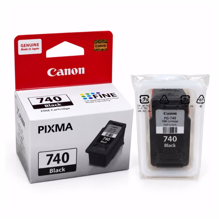 canon-pg-740-black-ink-cartridge-1 ตลับหมึกอิงค์เจ็ทสีดำ Canon PG-740 ในซองซีล วางคู่กับกล่องบรรจุภัณฑ์ สำหรับเครื่องพิมพ์ Canon PIXMA MG และ MX Series