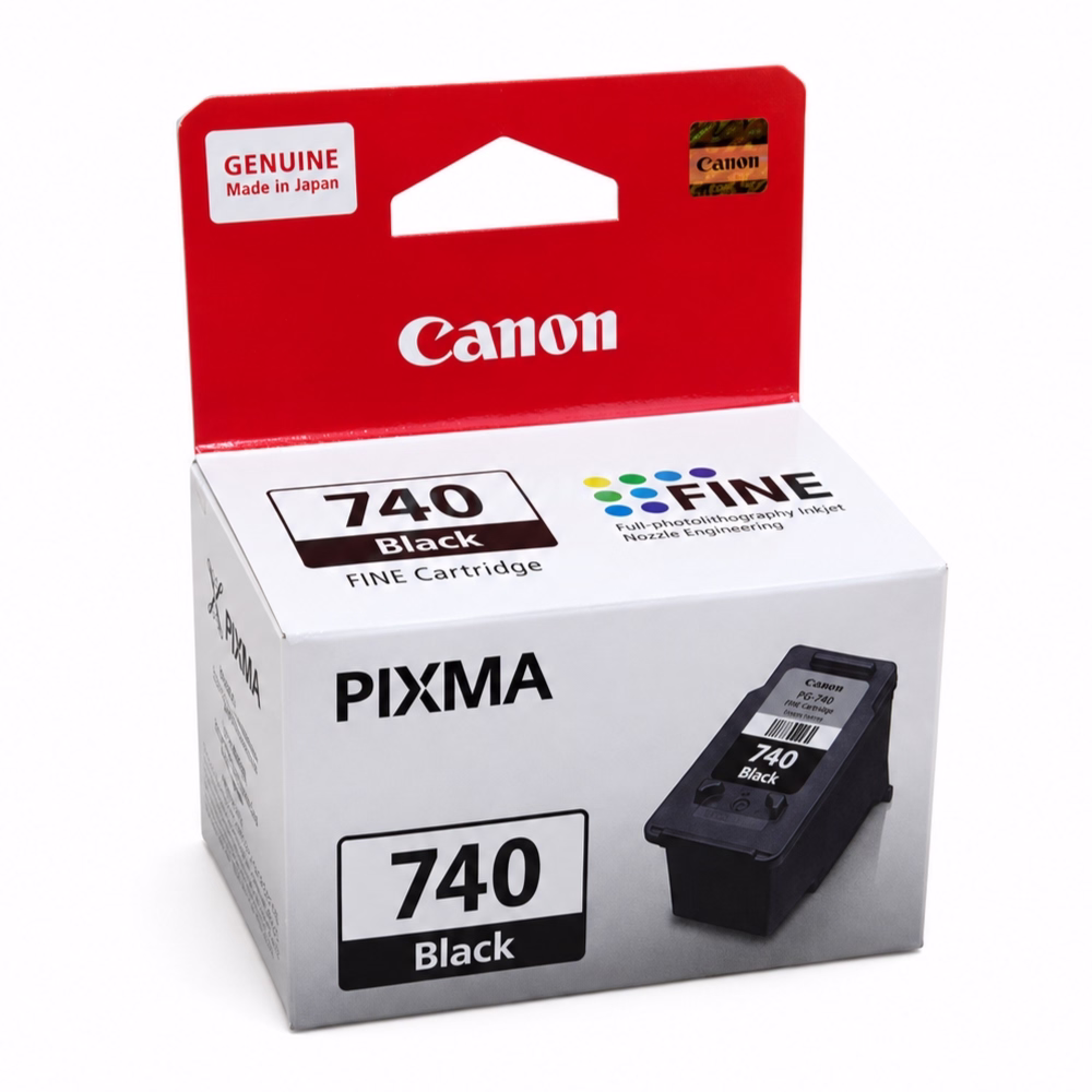 กล่องบรรจุภัณฑ์ตลับหมึกสีดำ Canon PG-740 Black มุมมองสามมิติเฉียง แสดงสัญลักษณ์ FINE Cartridge และ PIXMA