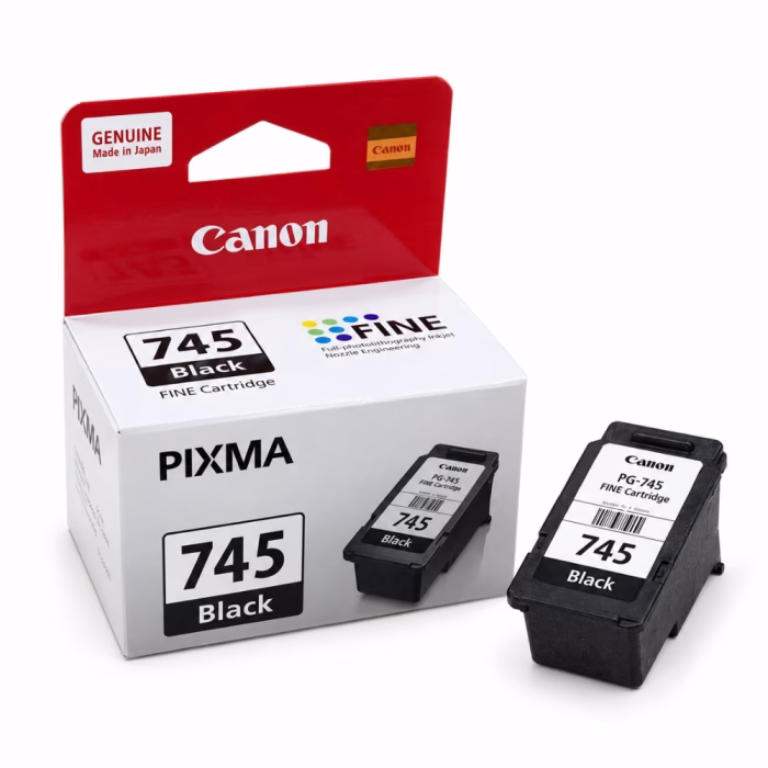 canon-pg-745-black-ink-cartridge-1 ตลับหมึกอิงค์เจ็ทสีดำ Canon PG-745 วางคู่กับกล่องบรรจุภัณฑ์ สำหรับเครื่องพิมพ์ Canon PIXMA TS307 MG2570 iP2870