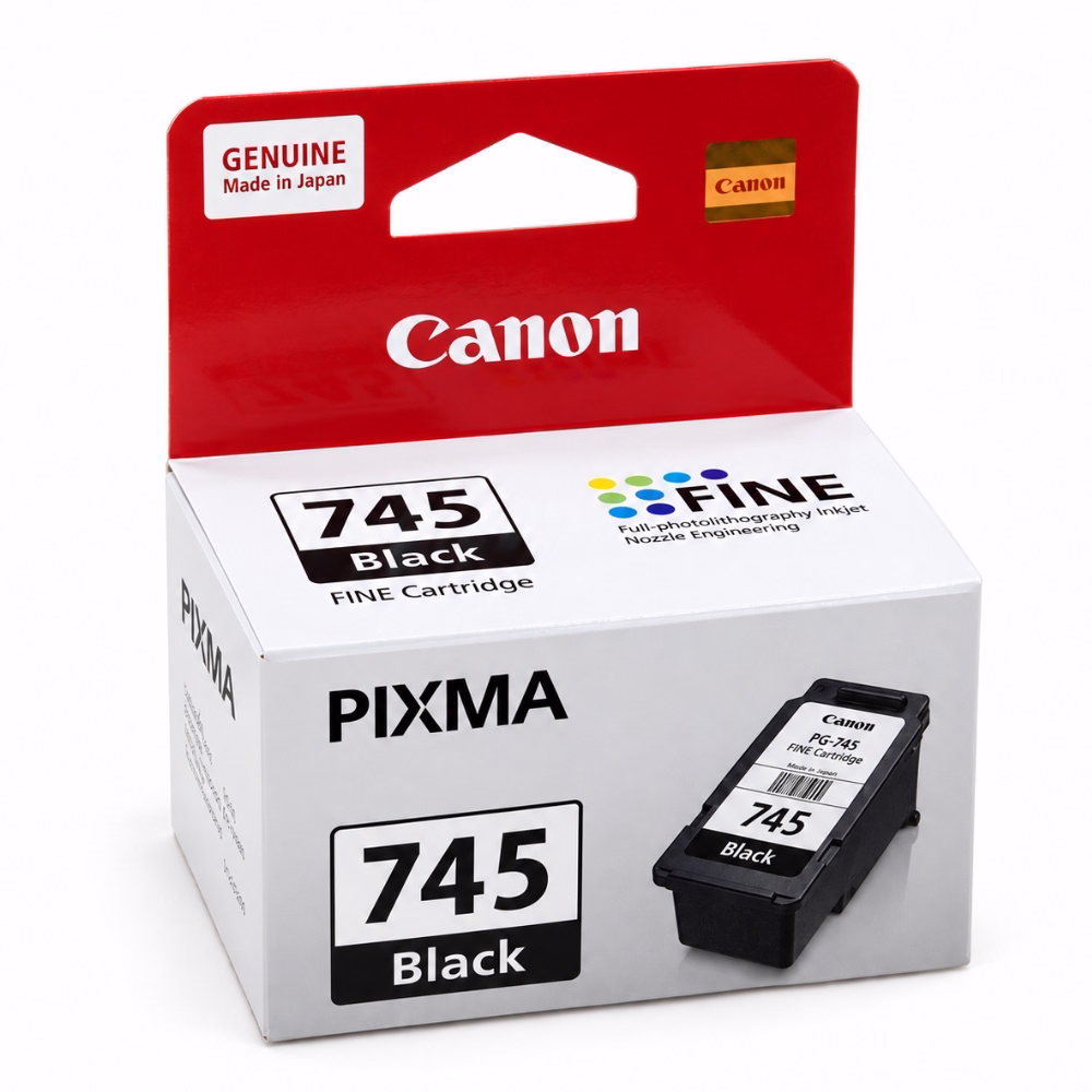 กล่องบรรจุภัณฑ์ตลับหมึกสีดำ Canon PG-745 Black มุมมองสามมิติเฉียง แสดงสัญลักษณ์ FINE Cartridge และ PIXMA