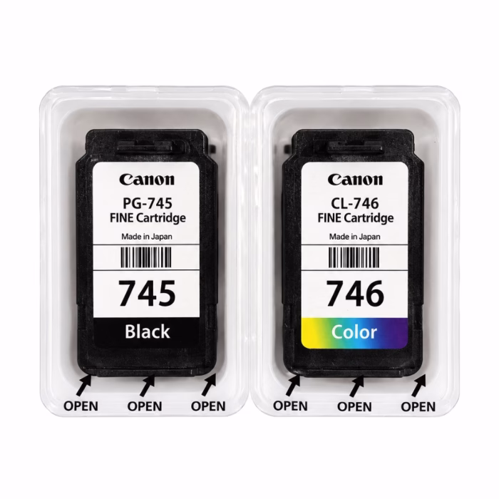 canon-pg-745-black-ink-cartridge-3 ตลับหมึกสีดำ Canon PG-745 และตลับหมึก 3 สี CL-746 บรรจุในถาดพลาสติกซีลสุญญากาศ พร้อมสัญลักษณ์ลูกศรเปิดใช้งาน