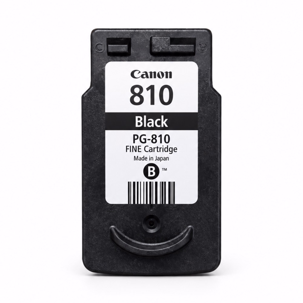 ตลับหมึกสีดำ Canon PG-810 FINE Cartridge Made in Japan มุมมองด้านหน้าตรง แสดงฉลากและบาร์โค้ด