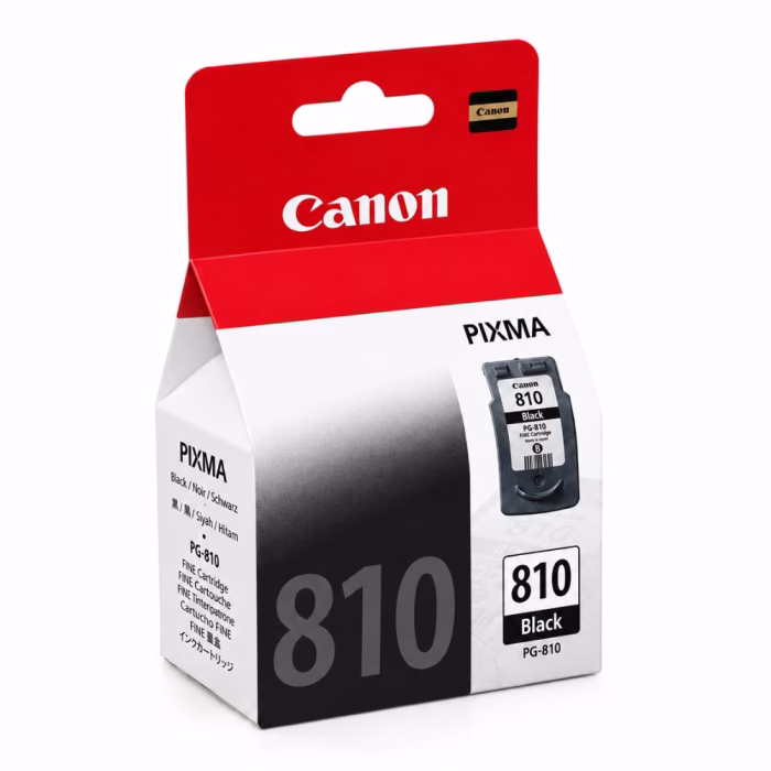canon-pg-810-black-ink-cartridge-3 กล่องบรรจุภัณฑ์ตลับหมึกสีดำ Canon PG-810 Black มุมมองสามมิติเฉียง แสดงรุ่นและความจุหมึกสำหรับ Canon PIXMA