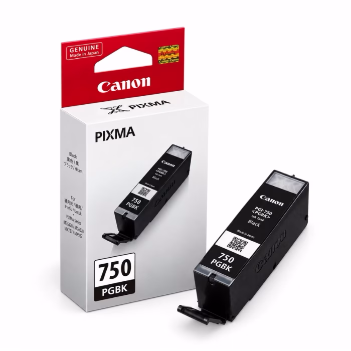 canon-pgi-750-pgbk-black-ink-cartridge-1 ตลับหมึกอิงค์เจ็ทสีดำพิกเมนต์ Canon PGI-750 PGBK วางคู่กับกล่องบรรจุภัณฑ์ สำหรับเครื่องพิมพ์ Canon PIXMA MG5470 MG6370 MX727 MX927