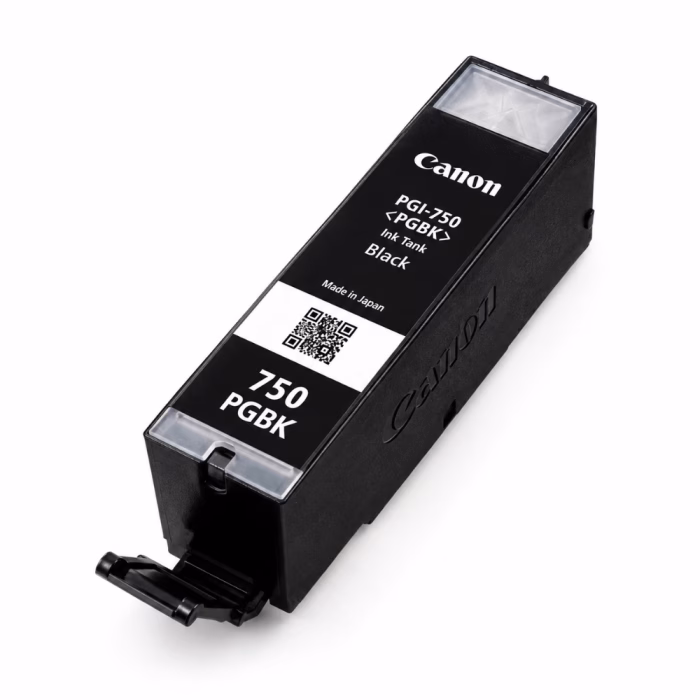 canon-pgi-750-pgbk-black-ink-cartridge-2 ตลับหมึกสีดำ Canon PGI-750 PGBK Ink Tank Made in Japan มุมมองสามมิติเฉียง แสดงฉลาก QR Code และก้านล็อกตลับหมึก