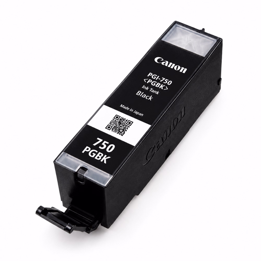 ตลับหมึกสีดำ Canon PGI-750 PGBK Ink Tank Made in Japan มุมมองสามมิติเฉียง แสดงฉลาก QR Code และก้านล็อกตลับหมึก