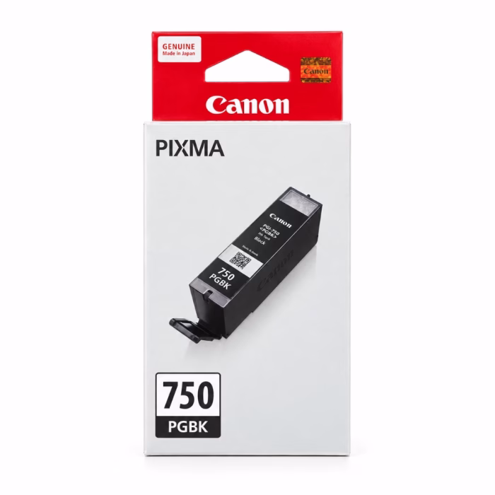 canon-pgi-750-pgbk-black-ink-cartridge-3 กล่องบรรจุภัณฑ์ตลับหมึกสีดำ Canon PGI-750 PGBK ด้านหน้าตรง แสดงสัญลักษณ์ Made in Japan และตรา PIXMA