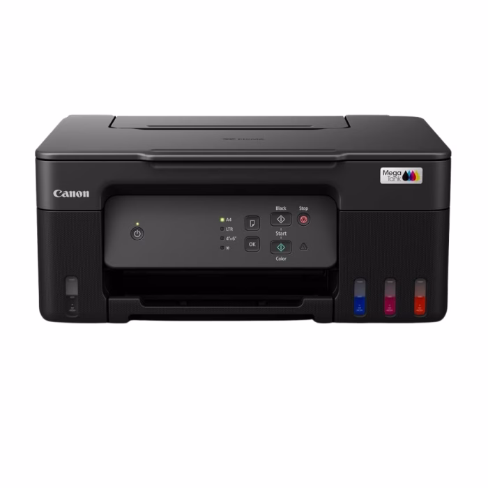 canon-pixma-g2730-aio-ink-tank-printer-1 เครื่องพิมพ์มัลติฟังก์ชันอิงค์เจ็ท Canon PIXMA G2730 ระบบ MegaTank ด้านหน้าตรง แสดงแผงควบคุมและช่องมองระดับหมึก